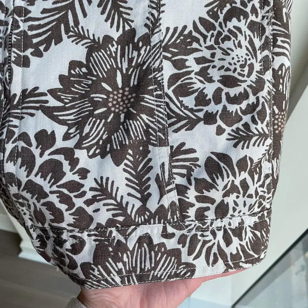 Brown Floral Linen Blend Lightweight Jacket Size XL Neutral Cottagecore Shacket